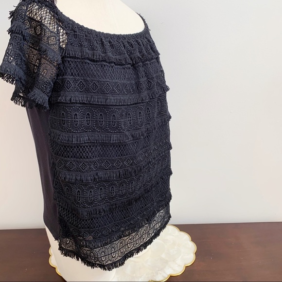 INC Black Lace Fringe Short Sleeve Blouse Sz M - Picture 9 of 10